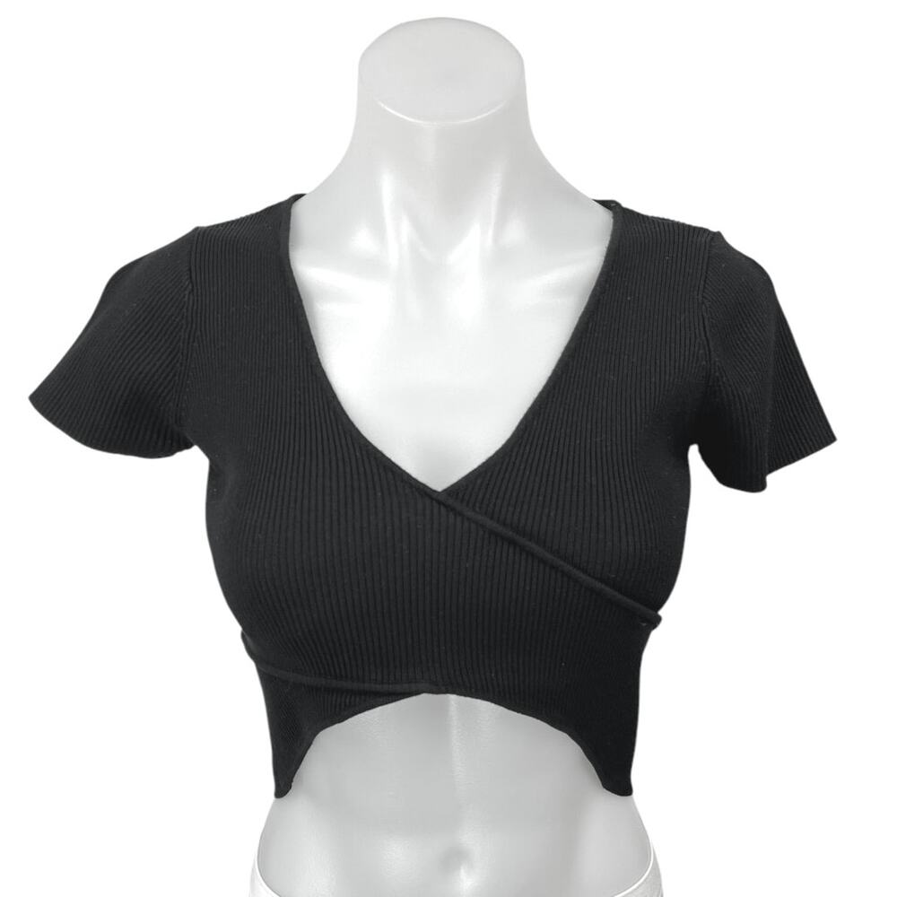 Zara Women's Black Rib Knit Short Sleeve V-Neck Wrap Sweater Crop Shirt Top Sz M